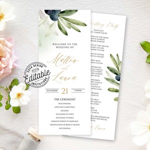 May include: A wedding ceremony program with a green and white floral design. The program includes the names Matthew and Laura, the date November 21, and the time 4:00 PM. The program also includes a list of the wedding party members.