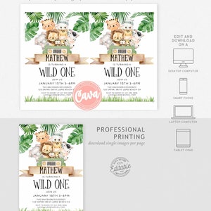 Editable Wild One Birthday Boy Invitation, Safari Party Invitation, Safari Animal Invitation, Jungle Birthday, Printable Invite, WOB238 image 2