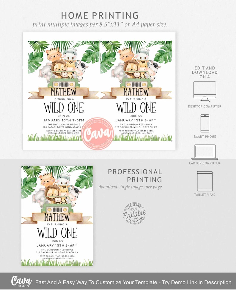 Editable Wild One Birthday Boy Invitation, Safari Party Invitation, Safari Animal Invitation, Jungle Birthday, Printable Invite, WOB238 image 2