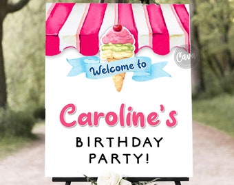 Editable Girl Ice Cream Birthday Welcome Sign, Printable Party Welcome Sign, Here's the Scoop Welcome Yard Sign Template, Download 0329