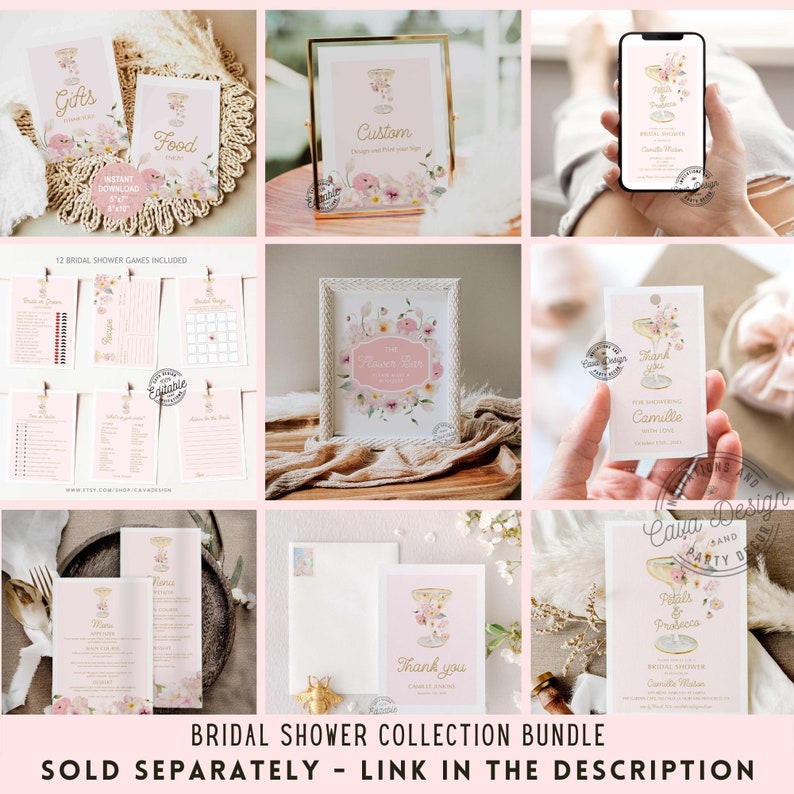 Pu&ograve; includere: Un pacchetto di collezione per un addio al nubilato con uno schema di colori rosa e oro. Il pacchetto include una variet&agrave; di articoli stampabili come inviti, giochi, biglietti di ringraziamento e un menu. Il design presenta un motivo floreale con un bicchiere di champagne e il testo "Petals & Prosecco".