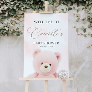 Pink Teddy Bear Baby Shower Welcome Sign Template (Digital Download) WD 224-P