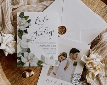 White Magnolia Wedding Invitation, Southern Wedding Invitation, Botanical Wedding Invite, Editable Template, Instant Download, 110