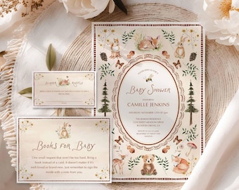 Rustic Woodland Baby Shower Invitation, Fall Forest Animals Baby Shower Template, Boho Outdoor Autumn Winter Baby Invite Template set  0458