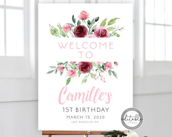 Welcome Sign Template, Printable Pink Flower Baby Girl Birthday Welcome Sign, Welcome Sign Template, Instant Download, BRTH 0276