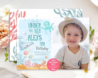 May include: A blue and green invitation card with a watercolor illustration of a whale, octopus, and coral reef. The text on the card reads "Please join us Under the Sea as we celebrate Alex's 3rd Birthday January 15th 3-6pm The Davidson Residence 123 Ocean Dr. Long Beach CA RSVP to Danny at 231.555.896 LucasWildone@gmail.com 100% Editable Text Edit, Download and Print Canva".