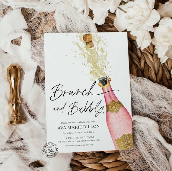 Brunch and Bubbly Bridal Shower Invitation, Champagne Brunch Wedding Shower, Pink Brunch Bridal Shower Printable Invitation Template  WD 227