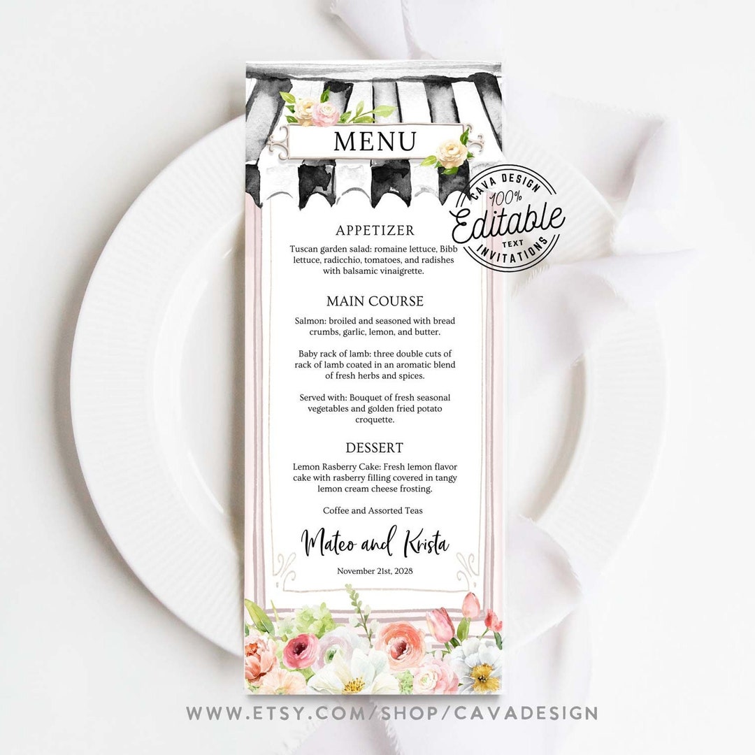 Garden Bridal Shower Menu Card Template, Black & Pink Floral Menu Card