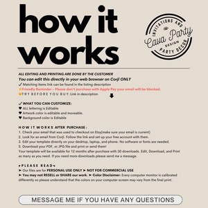 May include: A beige digital template with black text that reads "how it works." The text explains how to edit and print the template. A circular logo with the text "Invitations and Party Design Decor" is in the upper right corner. The template is for personal use.