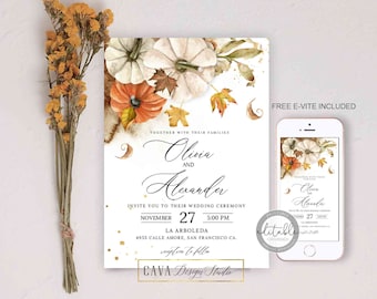 Fall Wedding Invitation Template, Pumpkin Rustic Wedding Invitation Printable, Autumn Themed Wedding Invitation, Digital Download 0299