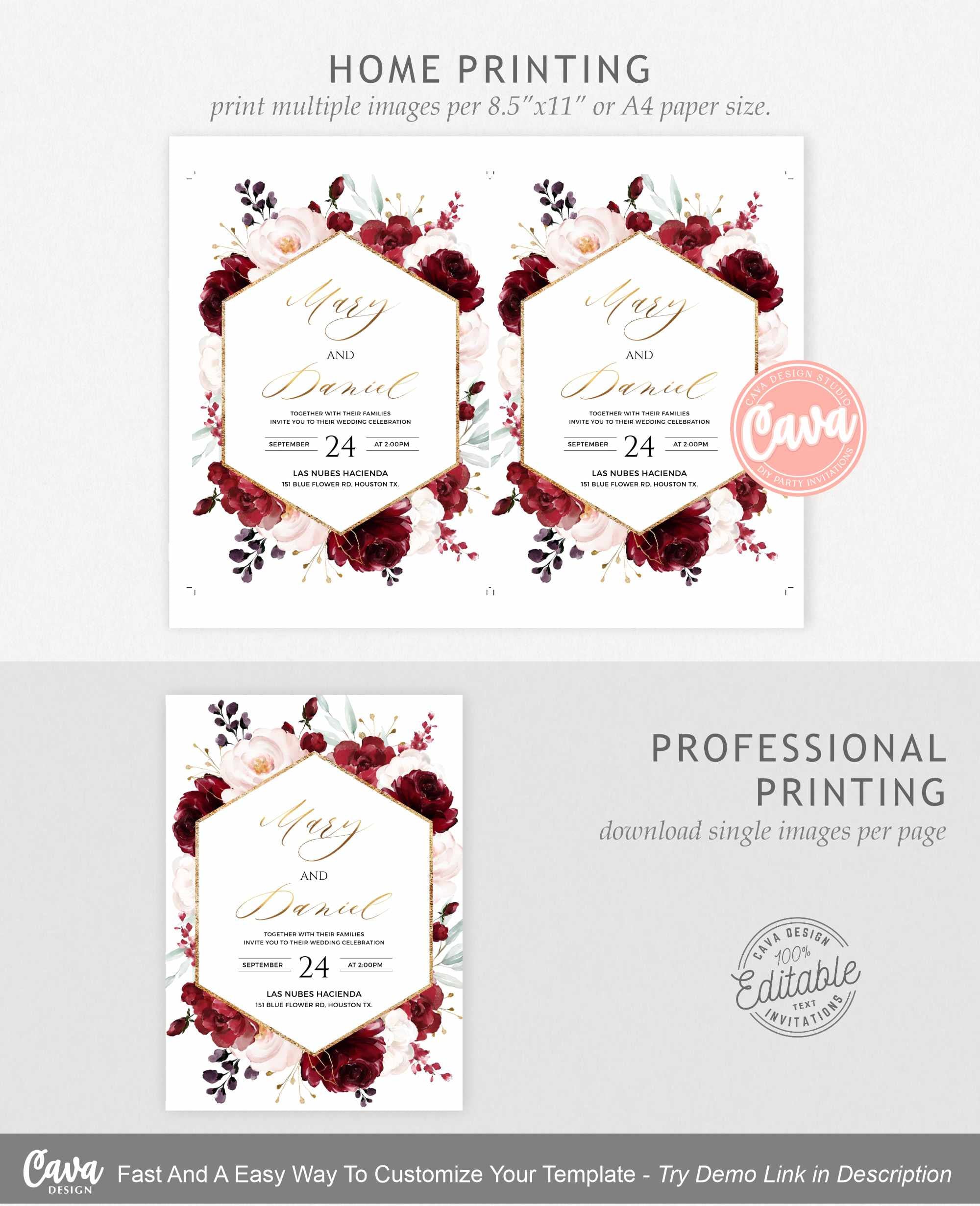 Burgundy Floral Wedding Invitation Set Template, Marsala and Gold Printable  Invitation, Wedding Invitation, Instant Download, WED 0205 - Etsy, image size:2000x2462
