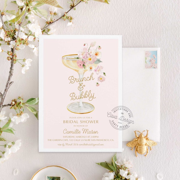 Brunch and Bubbly Bridal Shower Invitation Template, Champagne Shower Invite, Summer Pink Bridal Shower Invitation, Brunch Invite WD 239