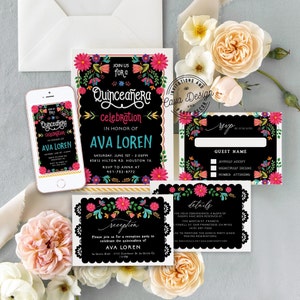 Quinceañera Invitation Template, Fiesta 15th Birthday Invitation, Printable Template, EDITABLE Invitation, WD_103