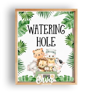 May include: A printable sign with a jungle theme featuring a green jeep with a group of animals including a lion, tiger, giraffe, monkey, elephant, and hippopotamus. The sign says "Watering Hole".