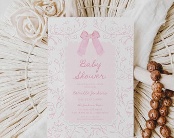 Invito per baby shower con fiocco e fiori rosa, baby shower per bambine, baby shower floreale, fiocco rosa, baby shower floreale vintage, invito per baby shower 0276