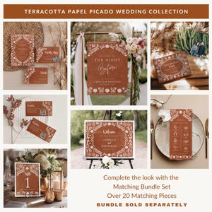 May include: A terracotta wedding invitation suite featuring a white papel picado design. The suite includes a welcome sign, save the date card, RSVP card, and table number card. The text on the welcome sign reads "Welcome to the Night Before Celebrating Camille & Santiago".