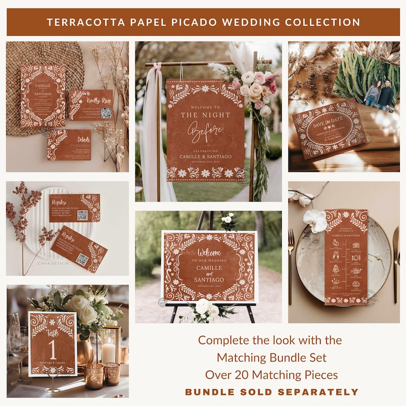May include: A terracotta wedding invitation suite featuring a white papel picado design. The suite includes a welcome sign, save the date card, RSVP card, and table number card. The text on the welcome sign reads "Welcome to the Night Before Celebrating Camille & Santiago".