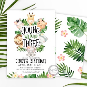 Young Wild and Three Birthday Invitation, Girl Jungle Birthday Invitation, Editable Safari Invitation, 3rd Birthday Invitation, 238F
