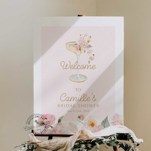 Cartel de bienvenida de despedida de soltera de pétalos y Prosecco / Brunch y signo de bienvenida burbujeante / Plantilla de signo de despedida de soltera floral de verano / WD 239