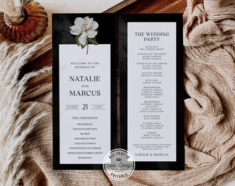 May include: Black and white wedding invitation with a magnolia flower illustration. The invitation includes the names Natalie and Marcus, the date November 21st, and the time 4:00 PM. The invitation also includes a list of the wedding party members.
