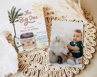 Beach 1st Birthday Invitation | The Big One Surf Birthday Invite | Surf Boy's First Birthday | Pool Party Editable Invitation | 0293GN