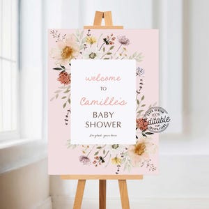 Wildflower Girl Baby Shower Welcome Sign, Pink Flower Baby Shower Welcome Sign, Baby in Bloom Editable Welcome Sign Template WD 0275