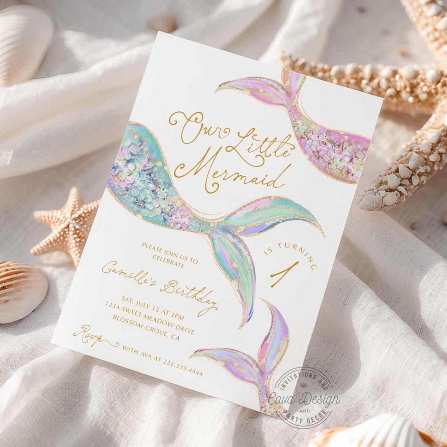 Editable Mermaid 1st Birthday Invitation, Under the Sea Girl Birthday Invite, Our Little Mermaid Theme Swimming Party Editable Template 0441