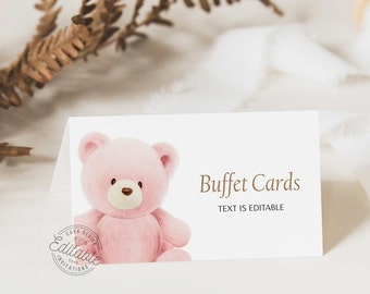 Pink Teddy Bear Baby Shower Buffet Cards, Bear Shower Food Folded Card Templates, Printable Editable Template  WD 224-P