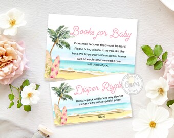Solicitud de libro de sorteo de pañales con tema de playa para niñas, tarjeta de solicitud de libro de surf EDITABLE, insertos para baby shower de niñas de verano, DESCARGA INSTANTÁNEA, BSG_0293