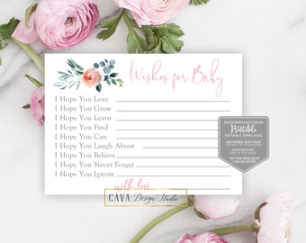 Wishes for Baby Card Printable, Pink Floral Baby Shower Wishes, EDITABLE Template