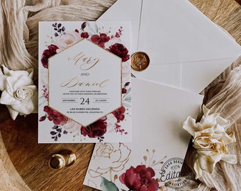 Burgundy Flower Wedding Invitation Template, Marsala and Gold Printable Invitation, Wedding Invitation, Instant Download, WED 0205