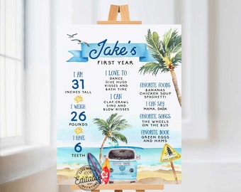 Boy Beach First Birthday Milestone Poster, Surf's Up 1st birthday Milestone Printable Poster, Beach Milestone Birthday Sign BSB 0293