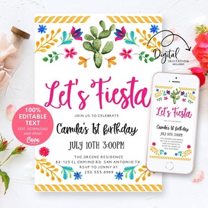 Editable First Fiesta Birthday Invitation, Mexican Fiesta Party Invitation Printable, Lets Fiesta Invite, Kids Fiesta Invitation, 0334
