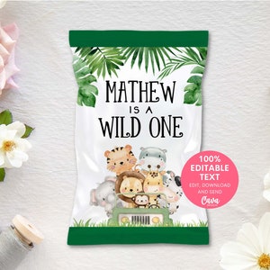 Wild One Safari Theme Chip Bag Template, Jungle Themed Treat Bag, Safari Snack Bag Printable Bage, Chip Bag Editable Template 238G
