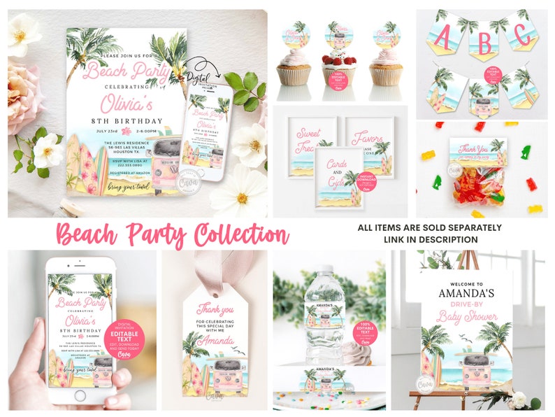 Girl Beach Party Birthday Invitation, Evite Ocean Birthday Invitation Template, Surfer Invitation, Editable Template, BSG_0293 image 4