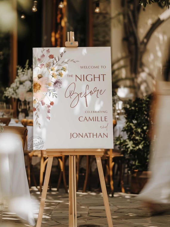Outdoor Garden Wildflower Rehearsal Dinner Welcome Sign, The Night Before Sign, Outdoor Party Sign, Welcome Sign Editable Template, WD 0282