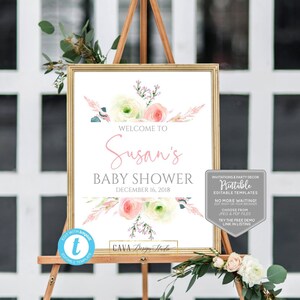 Pink Floral Baby Shower Welcome Sign, Printable Party Welcome Sign, Party Welcome Sign Template