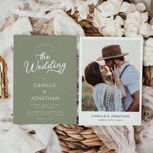Modern Photo Wedding Invitation, Sage Green Minimalist Wedding Invite, Boho Wedding Invitation, Olive Green Invitation Template  WED 258