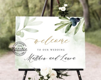 Olive Branch Wedding Welcome Sign Template, Rustic Green Wedding Welcome Poster, Editable Minimal Wedding Sign Printable Template 0304