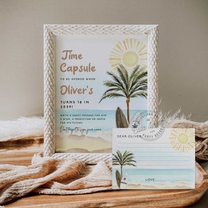 Beach 1st Birthday Time Capsule Template, Gender Neutral Summer Birthday Time Capsule Sign and Card Printable, 0293GN