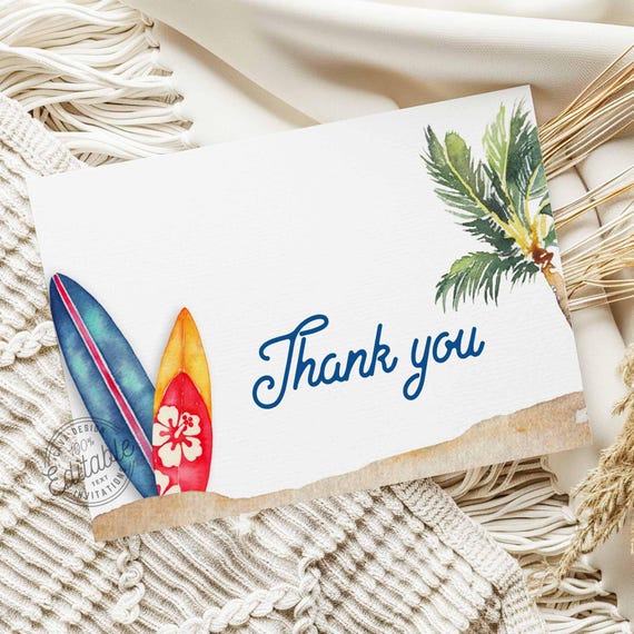 Beach Baby Showr Thank You Card, Surfboard Thank You Card  