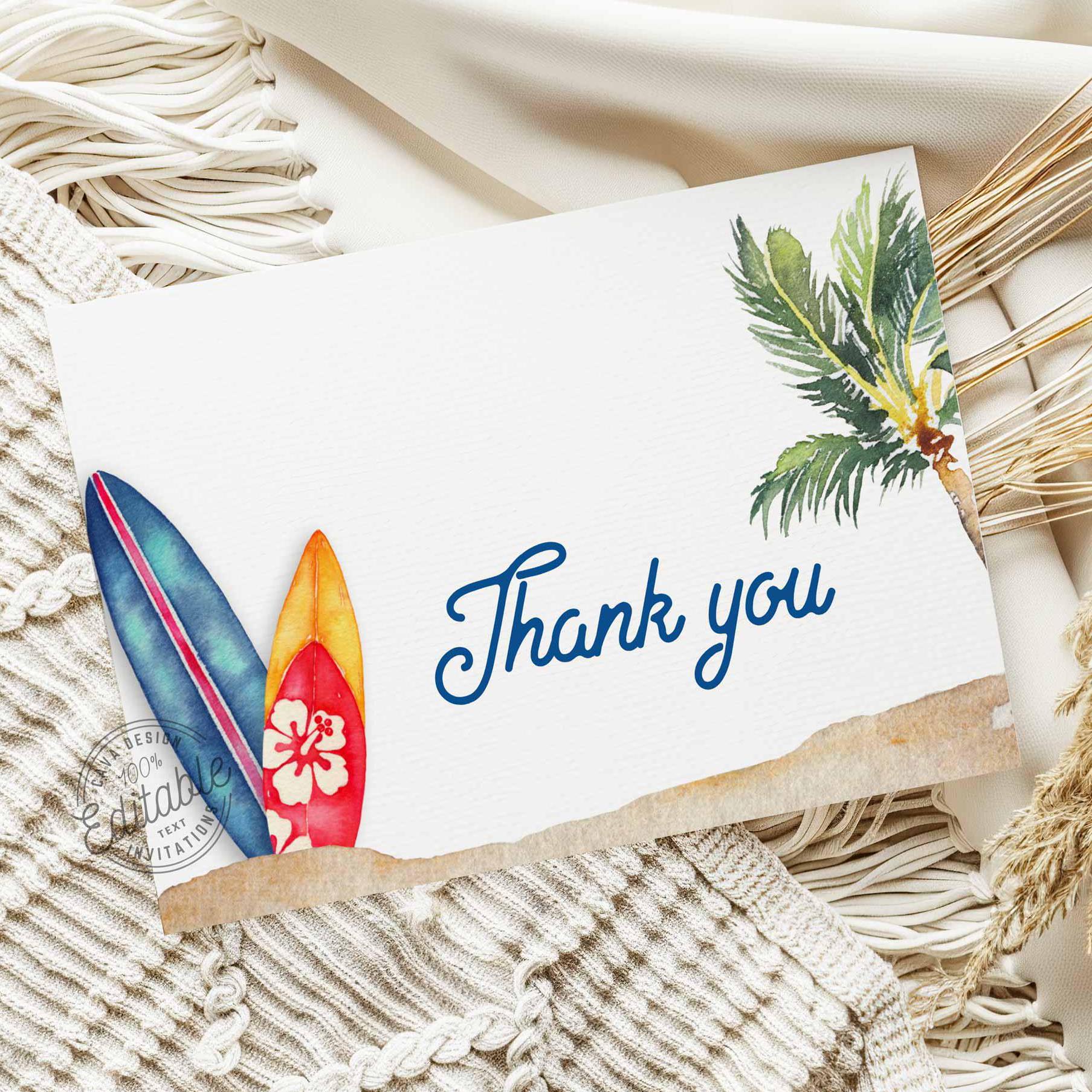Beach Baby Showr Thank You Card, Surfboard Thank You Card 