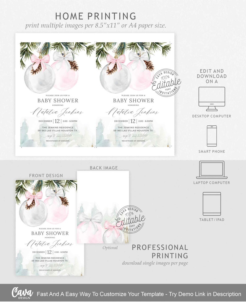 Mall för inbjudan till vinterbabyshower för flickor, utskrivbar babyshower för december, Evite, redigerbar mall för babyshowerpaket, JUL 210G bild 5