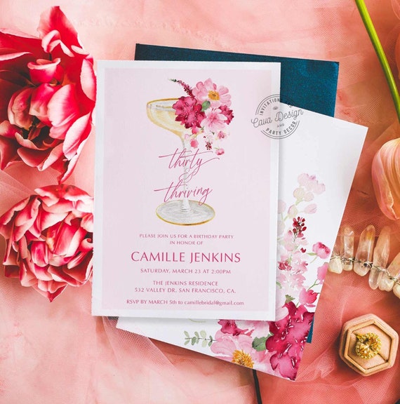 Pink Thirty Birthday party Invitation, 30 Birthday Invite Template, Spring Floral Birthday Invitation WD 263