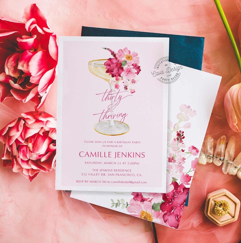 Pink Floral Thirty and Thriving Birthday Party Invitation