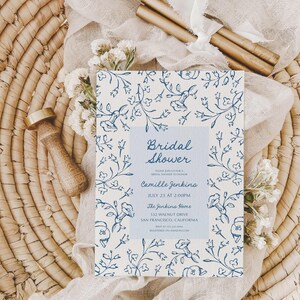 Blue Floral Vintage Bridal Shower Invitation