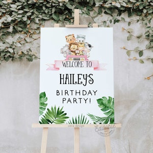 Girl Wild One Geburtstag Willkommensschild, Dschungel-Geburtstagsfeier Willkommensplakat, Babyparty Willkommensschild, Willkommen EDITIERBARES Poster, 238P