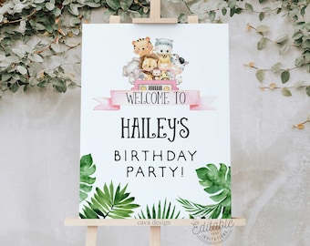 Girl Wild One Birthday Welcome Sign, Jungle Birthday Party Welcome Poster, Baby Shower Welcome Sign, Welcome EDITABLE Poster, 238P