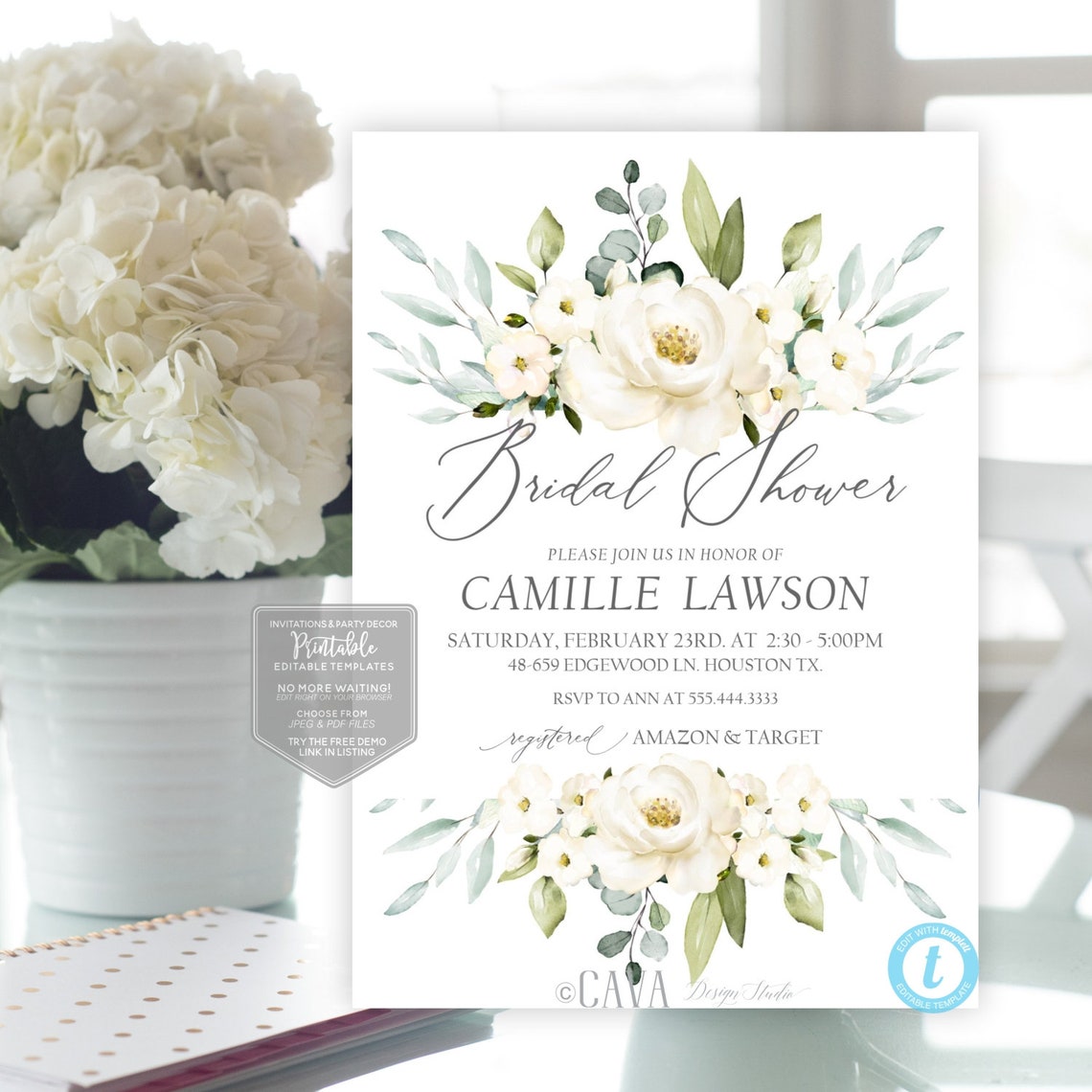 Bridal Shower Printable Invite White Flower Bridal Shower Etsy