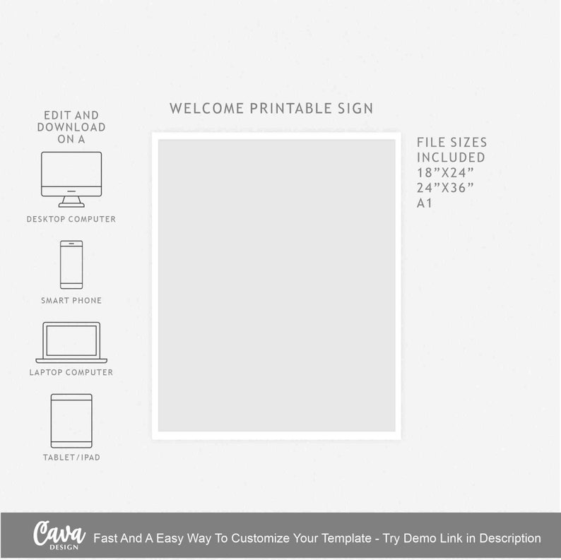 May include: A printable welcome sign template in a white frame with the text "Welcome Printable Sign" and "File Sizes Included" with the sizes 18"x24", 24"x36", and A1.